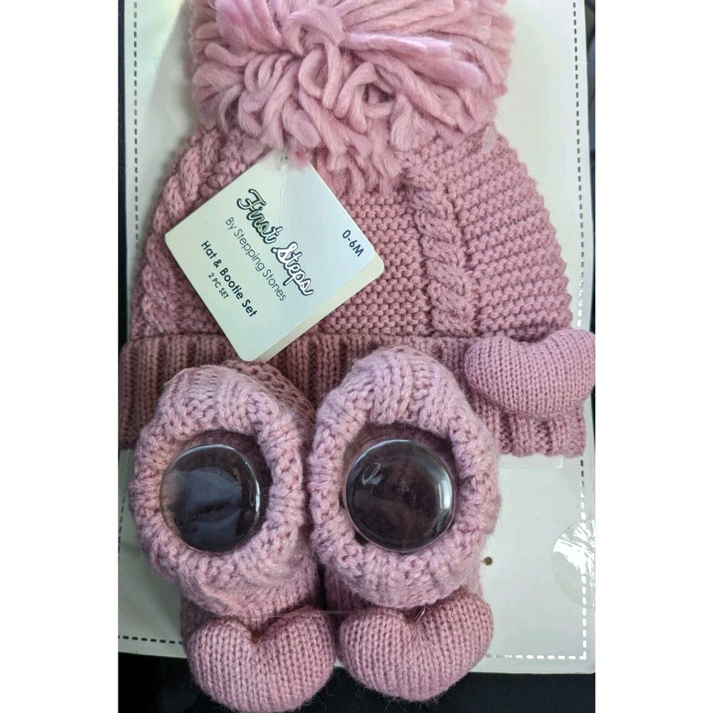 First Steps Stepping Stone Hat Bootie Set pink Infant Newborn Babygirl 0-6M Love